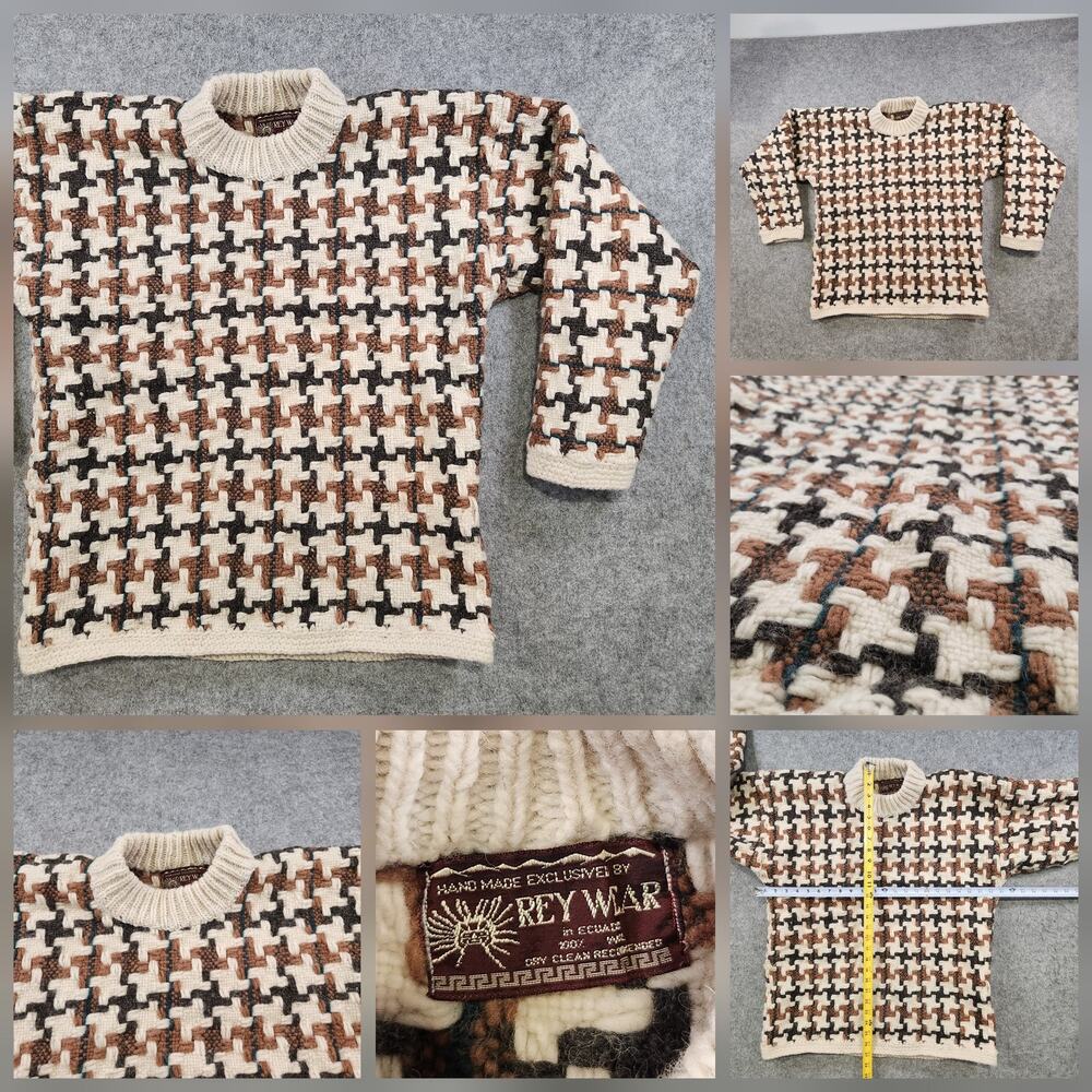 Vintage Rey War Sweater Mens Large? Brown Cream Wool Knit Geometric Pullover 90s
